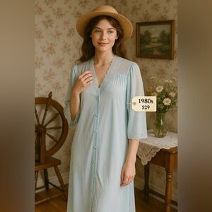 Vintage Vanity Fair Light Blue Nylon Robe S/M Lace Trim 1980s USA